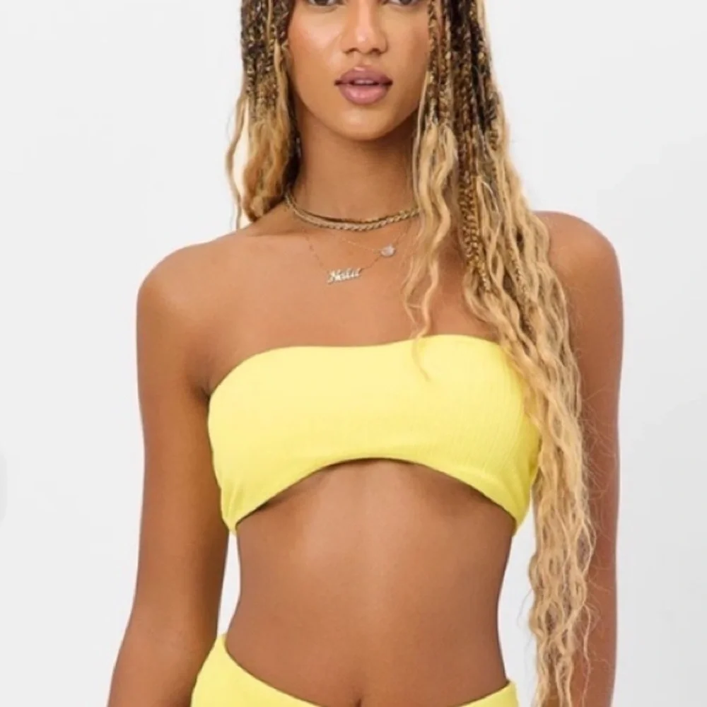 New! Frankie’s Bikini’s jean plisse bandeau top strapless 24396